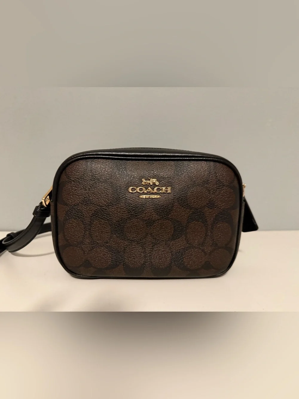 Coach Mini Jamie Camera Bag In Signature Canvas Brown Black Crossbody Purse